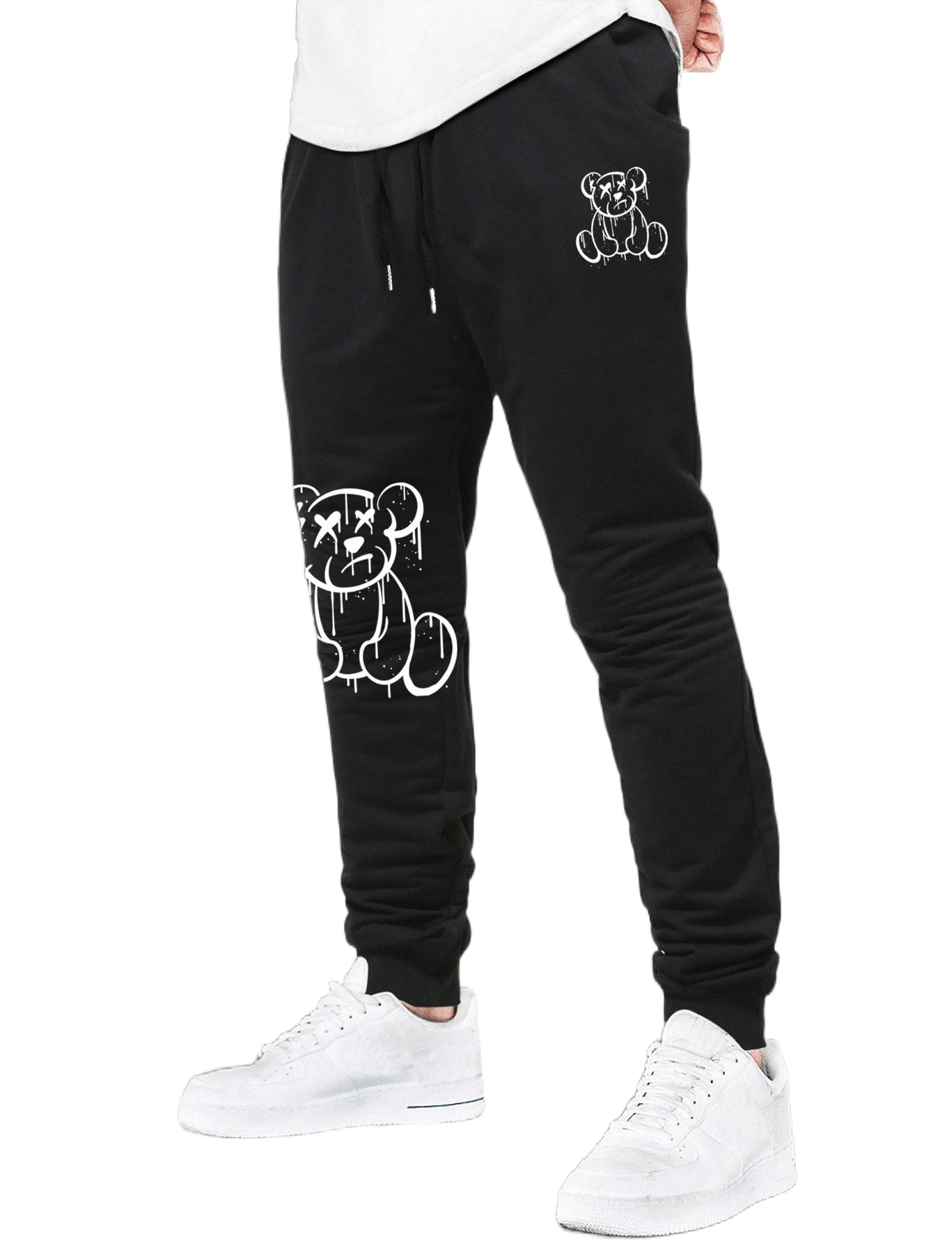 

men Bear Print Drawstring Waist Sweatpants 73Gi#, Black