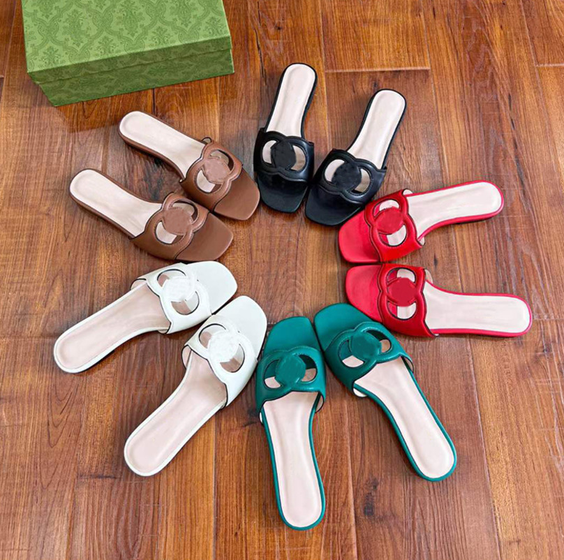 

Women Interlocking Cut-out Sandals Flip Flops Luxury Shoes Slip On Slide Flats Slippers Omfort Walking Black White Red Beach Casual Slipper With Box NO383