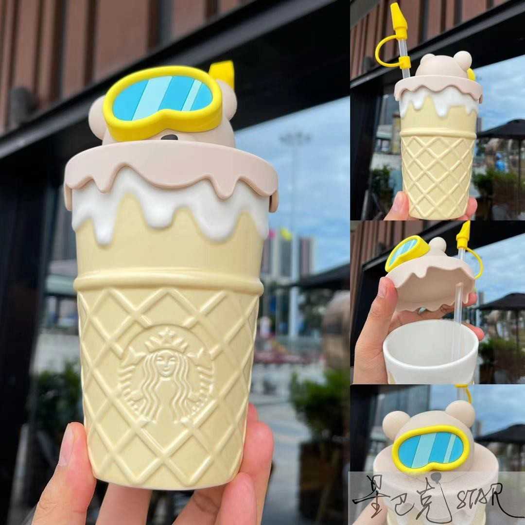 Starbucks cup summer 370ml diving bear ice cream cone shape ceramic straw cup coffee cup-image-761010052