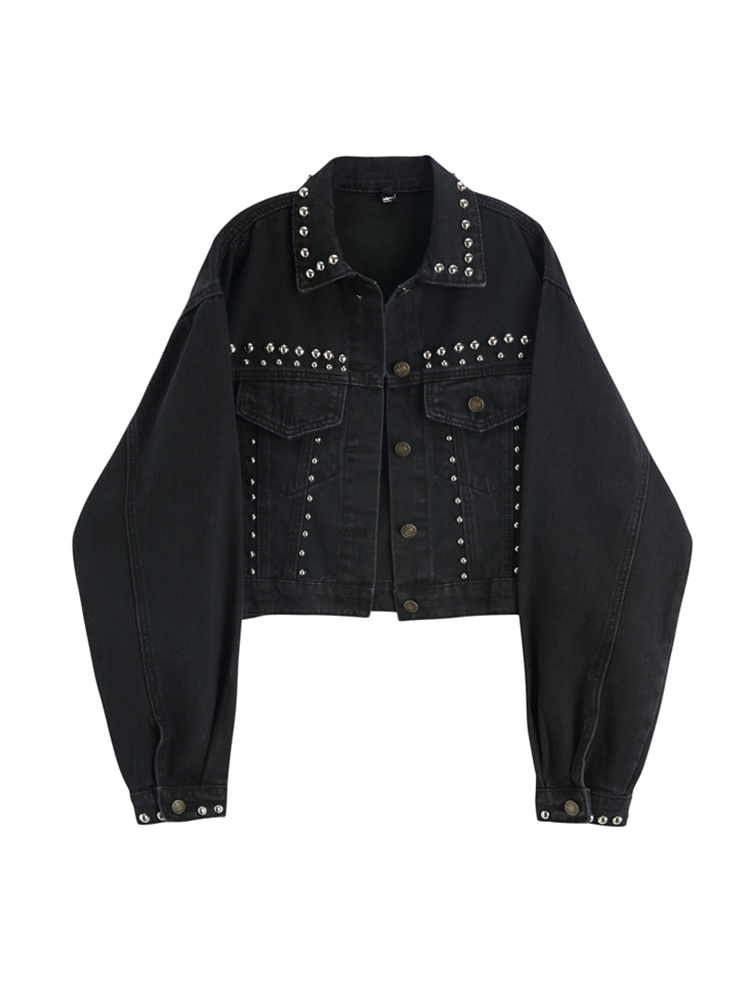 

Jacket Women 2022 Autumn Hand Rivet Studded Denim Jacket Loose Outwear Female New Casual Y2k Short Jeans Coats, Black
