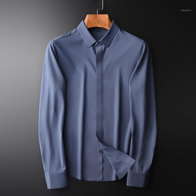 

Minglu Solid Color Male Shirts High Quality Long Sleeve Autumn Mens Dress Plus Size 4xl Fashion Slim Fit Man Men's Casual, Blue hcz20049-4