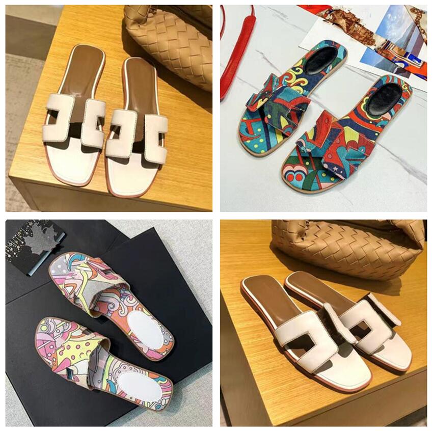 

Luxury designer leather ladies Slippers sandals summer flat shoes fashion beach women slippers H letter drag The New 35-42, S4