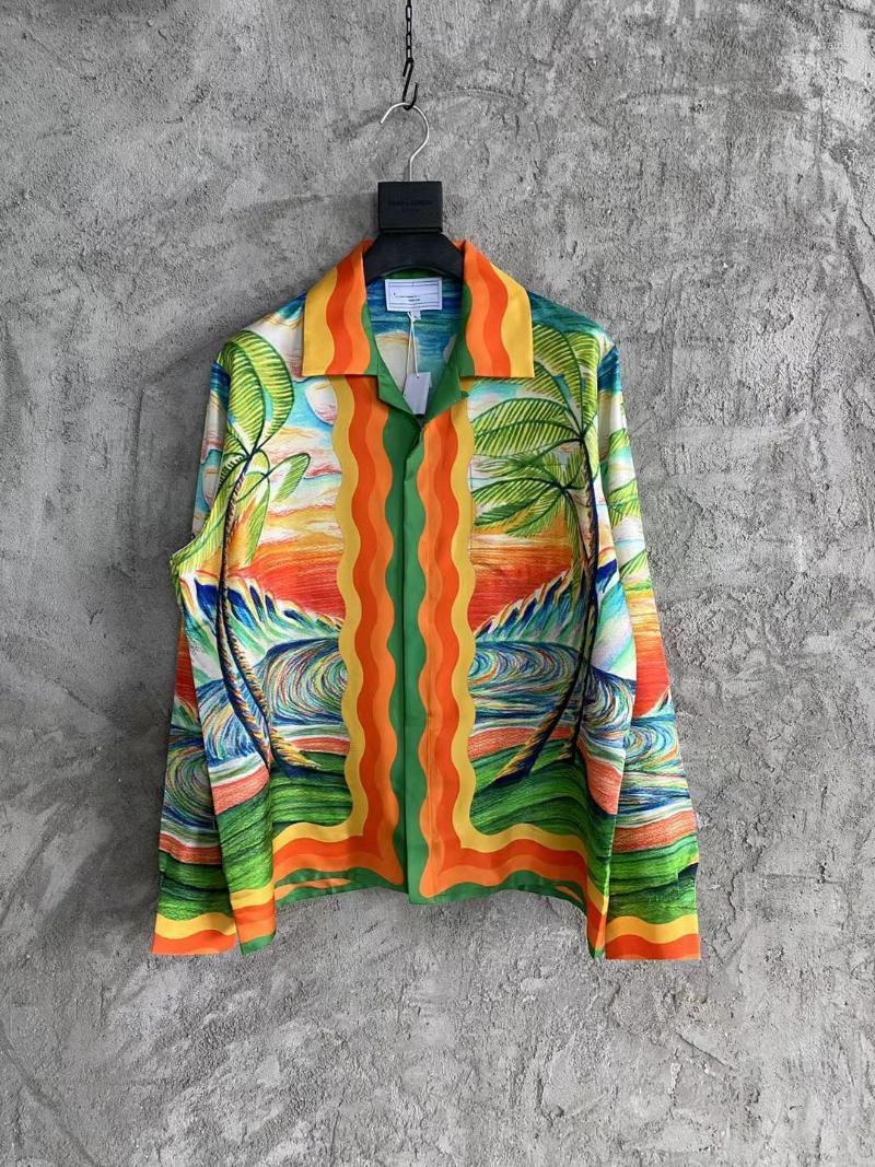 

Men' Casual Shirts Men Huakai Prints Long Sleeve Silk Shirt, As pic