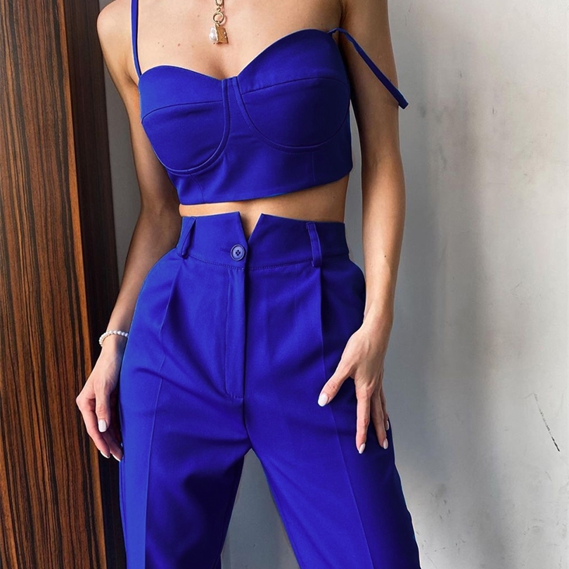 

Clacive Sexy Blue Crop Top Two Piece Set Women Summer Bodycon High Waist Pants Set Lady Elegant Slim Pencil Trouser Suits 220704