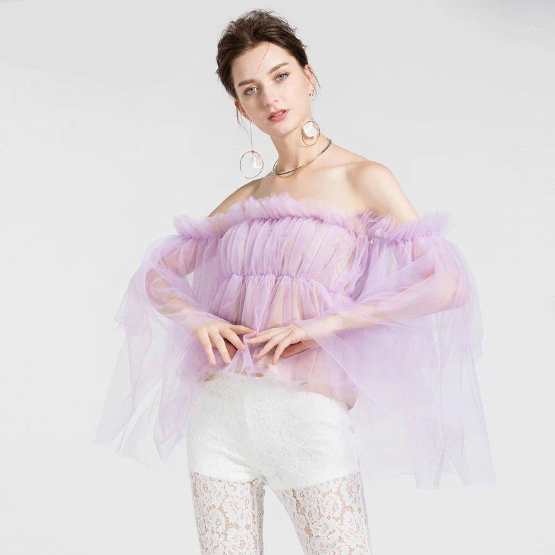 

Women' Blouses & Shirts Runway Sexy Mesh See-through 2022 Summer Off Shoulder Female Designer Blouse Party Tops Flare Sleeve Shirt, Lavender