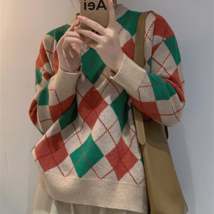 

Women's Sweaters luukse Argyle Pattern Drop Shoulder Sweater t2un#, Khaki