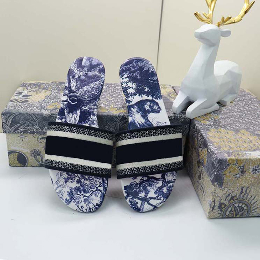 

2022Embroidered slipper women ladies scuffs summer beach striped causal flip flops flat Slide Slippers sandals Cotton Designers Fluffy fur Slides 35-42 10, Original box