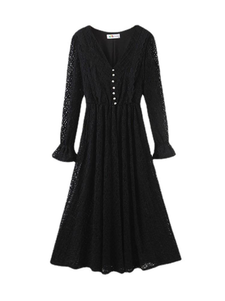 

Plus Size Dresses Lace Women's Clothing 2022 Spring Fashion Quality V-neck Temperament Commuter Gentle Bottoming One-PiecePlus, Black