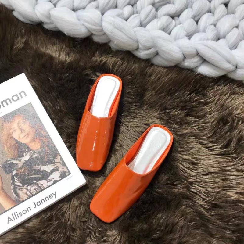 

Slippers Square Toe Women Slip On Flats Black Red Orange White Elegant Slides Flip Flops PU Patent Leather Summer Dress Shoes 39