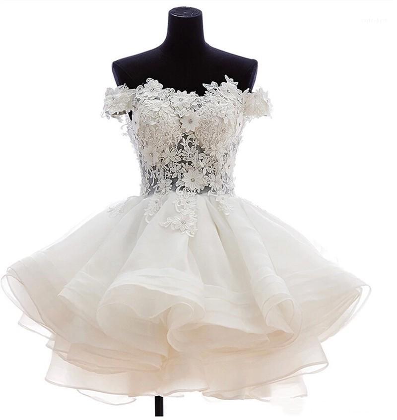 

Party Dresses Off Shoulder Ball Gown Wedding Short Sexy Bride Gowns Puffy Tulle Organza Bridal Back Zipper And Button Cust, Ivory