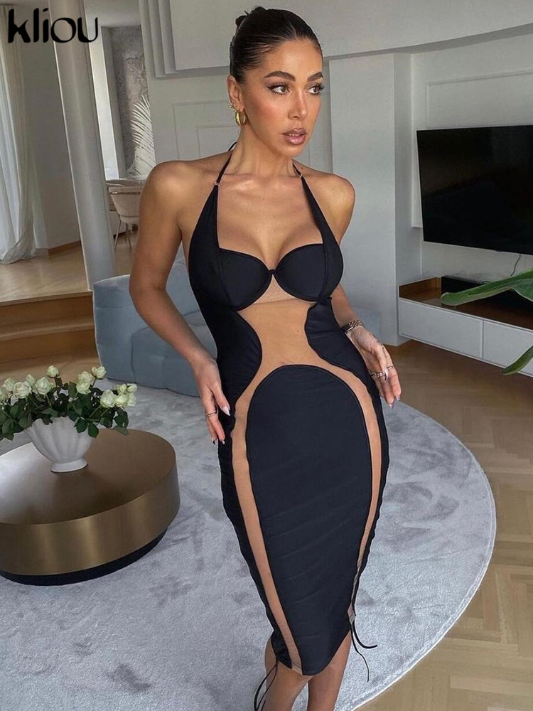 

Midnight Mesh Mini Dress Women Charming Sexy Stitching Irregular Baddie Style Skirt Sheath Neck-Mounted Drawstring Hot, Black