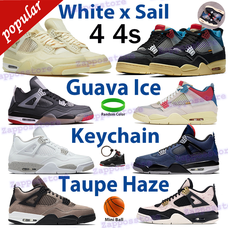 

White x sail bred 4 4s men basektball shoes guava ice noir sports sneakers oreo lemon pink rasta taupe haze women trainers with keychain, Customize