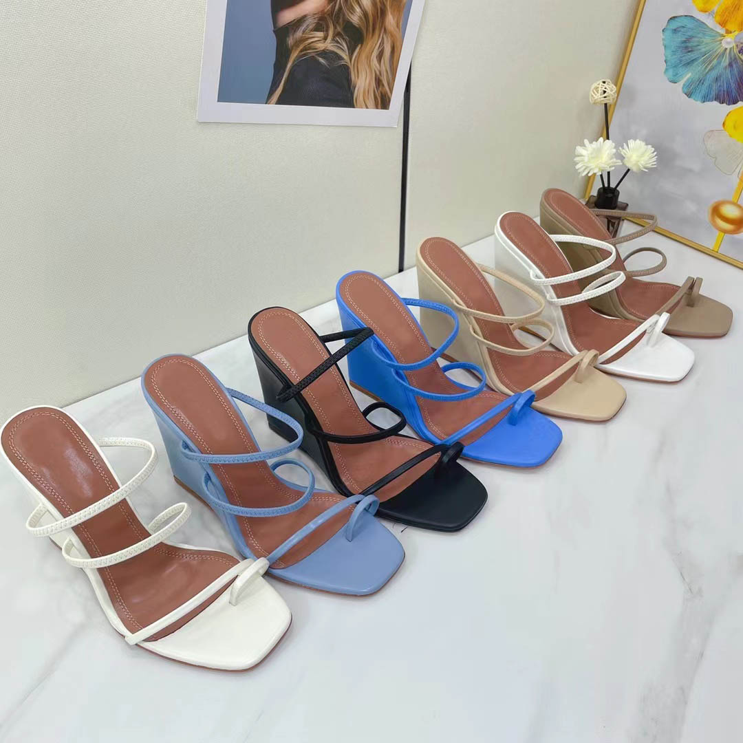 

New designer wedge sandals square head blue leather simple temperament dress style Roman sandals casual heightened beach flip-flops 35-42, Black