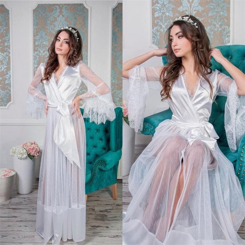 

Party Dresses White Silk Lace Bridal Robes Women Sleepwear Honeymoon Lingerie Robe Long Sleeve Bathrobe Nightwear Babydoll Evening Dress, Black