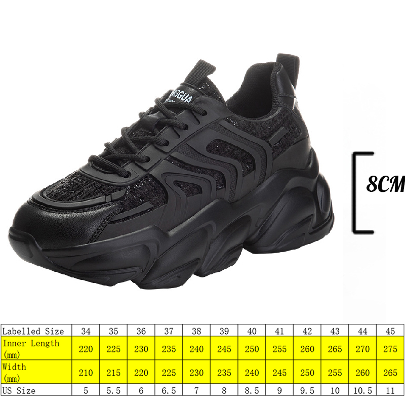 

8cm Platform Wedge Sneakers Women Casual Shoes Genuine Leather Breathable Comfy Shoes Chunky Sneakers Spring Autumn Winter, Black no plush