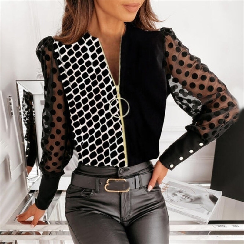 

Lace Blouse Women Long Sleeves V-neck Zipper Patchwork Top Spring Autumn Casual Slim Fit Blouses Office Elegant Ladies Sexy Tops 220407, B4q025hs