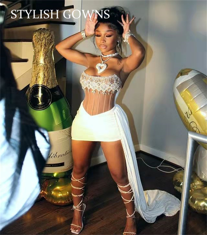 

Sexy Velvet Strapless Mermaid Short Prom Dresses Crystal Beaded Birthday Party Dress Illusion Mini Cocktail Homecoming 220429, Gold