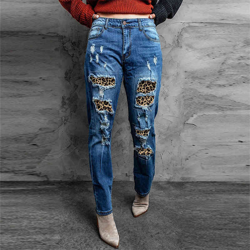 

2022 summer washed straight middle waist women' jeans Street trendsetter leopard print blue pants, Light blue