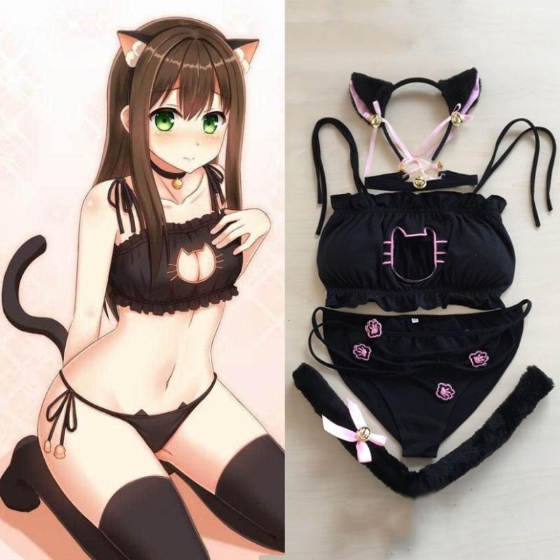

Bras Sets Maid Cat Cosplay Sexy Lingerie Anime Miku Ruffle Hollow Kawaii Bra Strappy Briefs Set Neko Embroidery Footprints Ear/ChokerBras, White