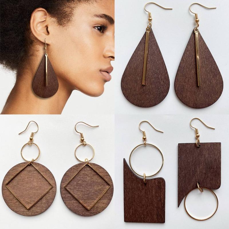 

Dangle & Chandelier Metal Bar Pendant Natural Wood Teardrop Earrings For Women Simple Line Square Jewelry WholesaleDangle