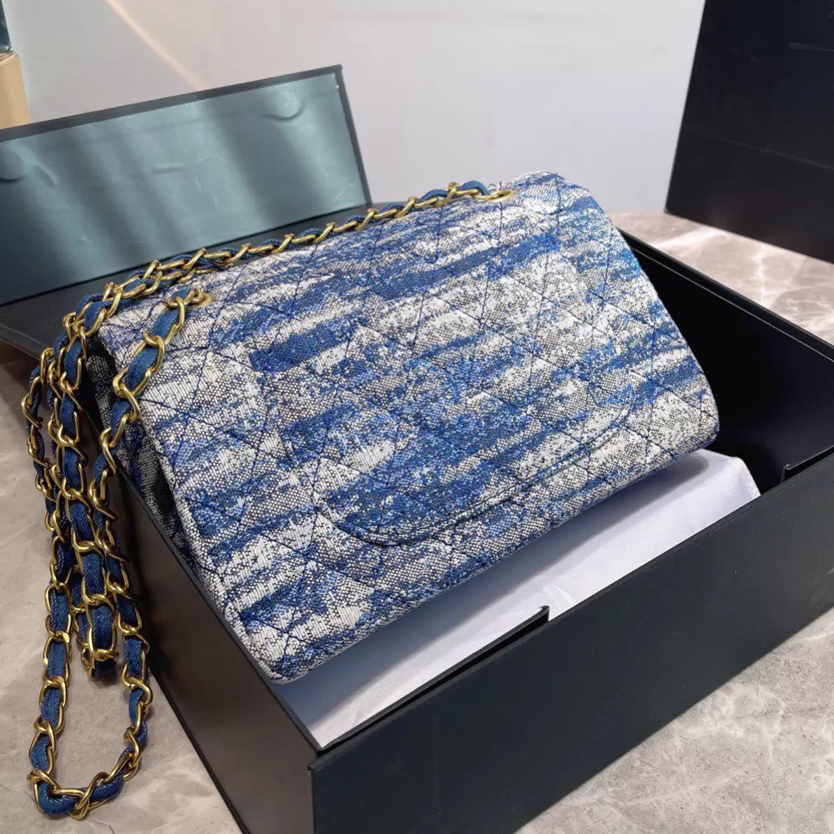 Denim Double Flap Bag Sky Blue Tie Dye Classic Quilted Metal Hardware Chain Designer French Crossbody Shoulder Bag Luxury Ladies Street Trend Handba