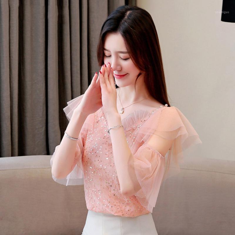 

Women' Blouses & Shirts Summer Lace Women Blouse O-neck Off Shoulder Half Sleeve Heavy Handmade Sequins Beading Blusas Femininas Female Top, Pink