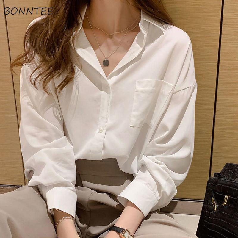 

Women' Blouses & Shirts Women Pockets Sun-proof Korean Style Temperament Solid Summer Hipster Elegant Thin Baggy Harajuku All-match Tops Mu, White