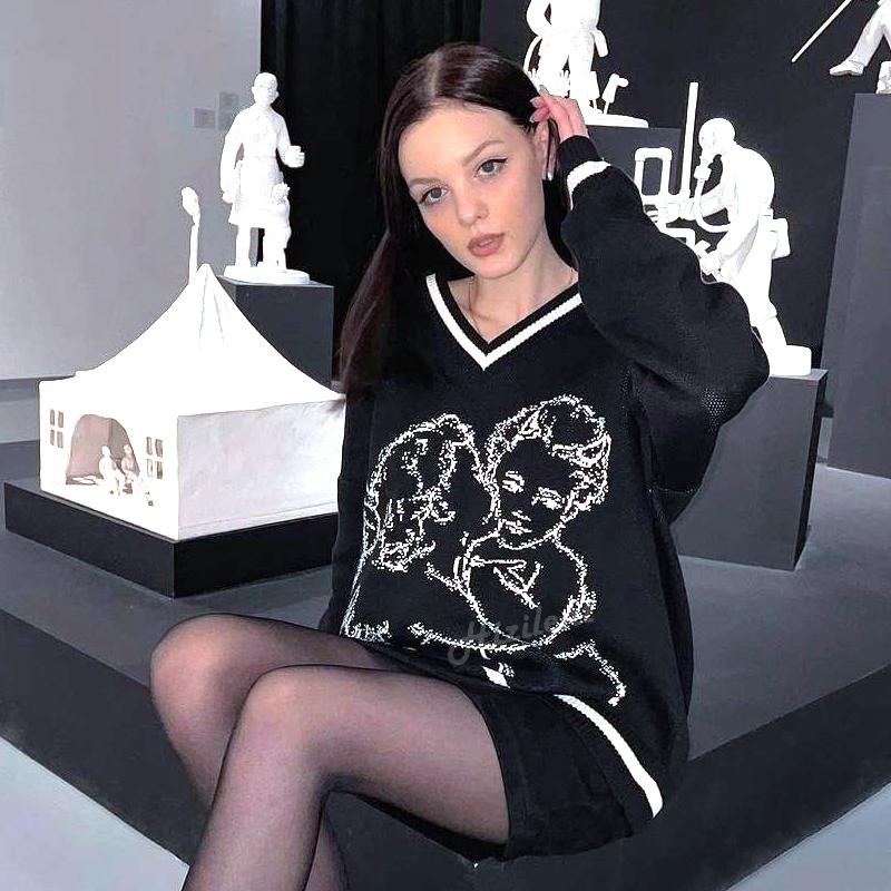 

Women' Sweaters Women Streetwear Knitted Pullover Angel Jacquard Fashion Hip Hop Spring Autumn Harajuku Oversized Outwear Grunge JumperWome, Black