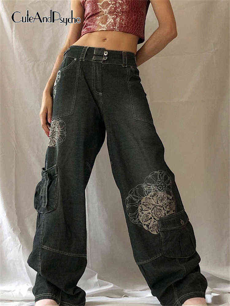 

Retro Graphic Print Y2K Baggy Jeans Grunge Fairycore High Waist Cargo Denim Trousers Streetwear Casual Sweatpants Cuteandpsycho T220728, Blue