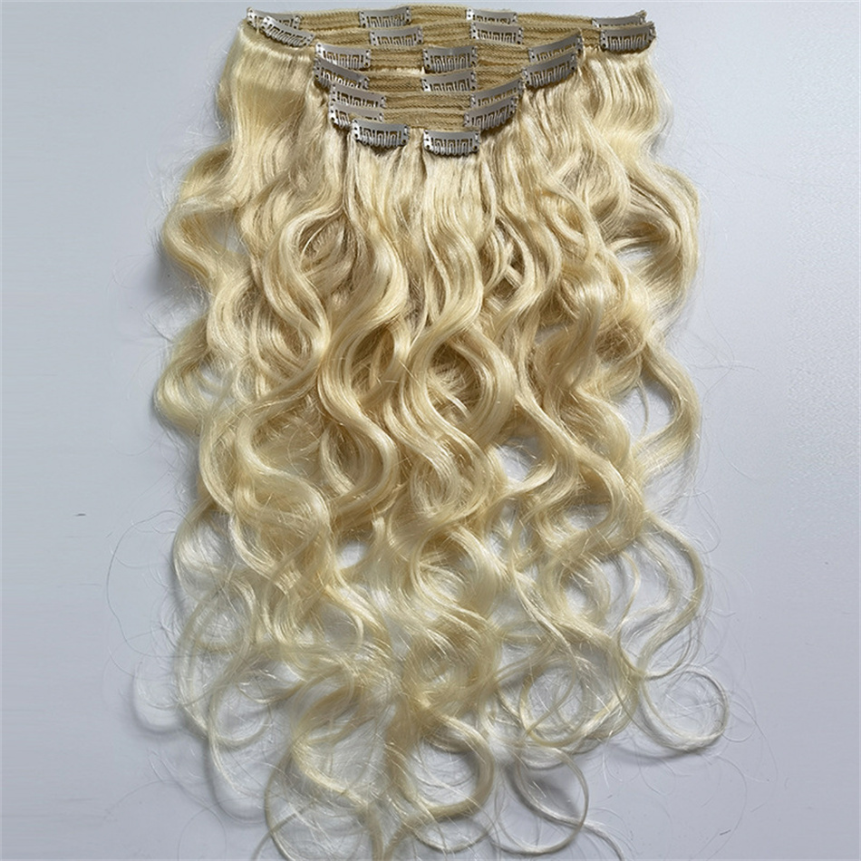 Blonde Clip in Human Hair Extensions 613 Indian Body Wave Remy Hair Bundles 120G 14-22 inch