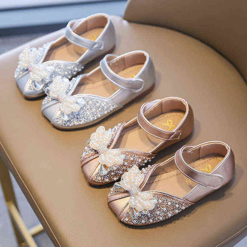 

2022 Children Shoes Spring New Toddlers Girls Leather Shoes Kids Flats Rhinestone Glitter Princess Sweet Dress Shoes Bowtie Soft G220418, Silver
