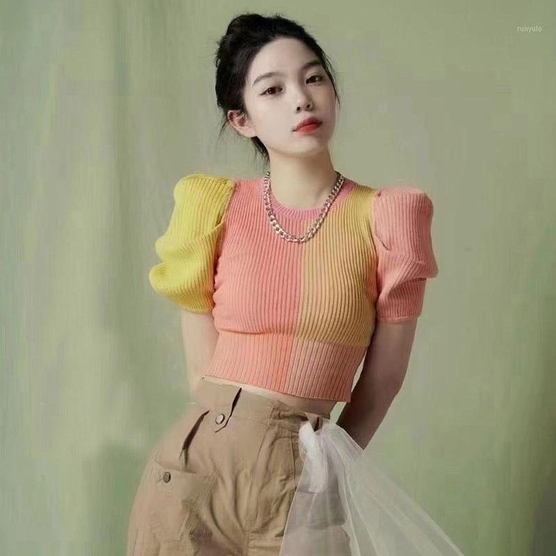 

Color Block Crop Tops Sexy Knitted T Shirt For Women 2022 Summer O Neck Half Puff Sleeve High Waist Sweater Women' T-Shirt, Orange