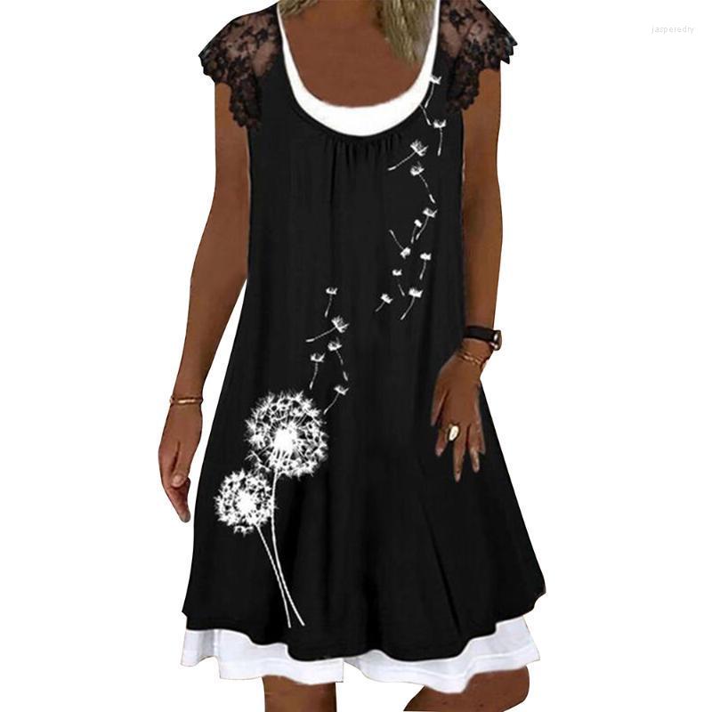 

Plus Size Dresses Women Vintage Sexy Sleeveless Midi Lace Patchwork Dandelion Print Loose Summer Dress Vestidos Jasp22, Black