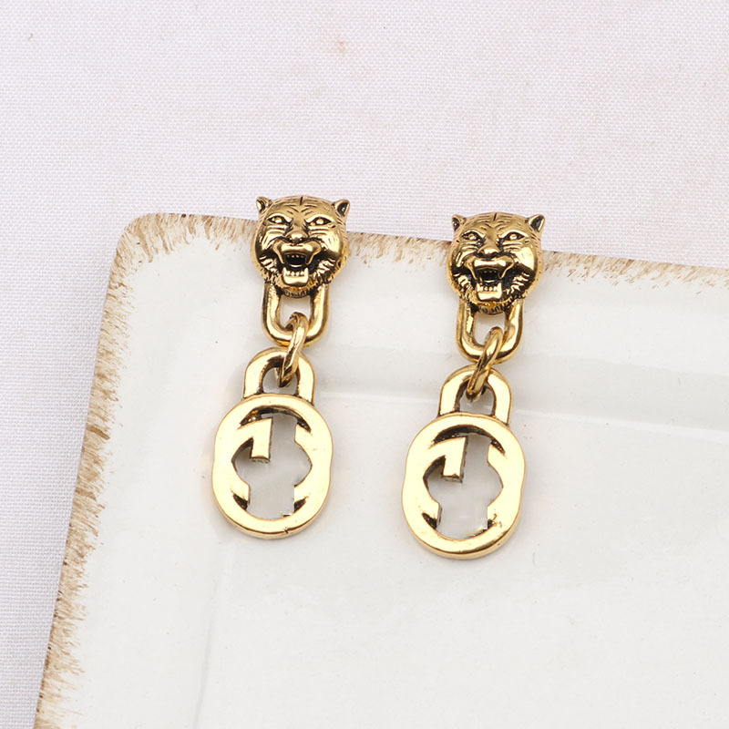 

3Style Tiger Head 18K Gold Plated Luxury Brand Designers Letters Stud Clip Chain Geometric Women Girls Crystal Rhinestone Pearl Earring Wedding Party Jewerlry