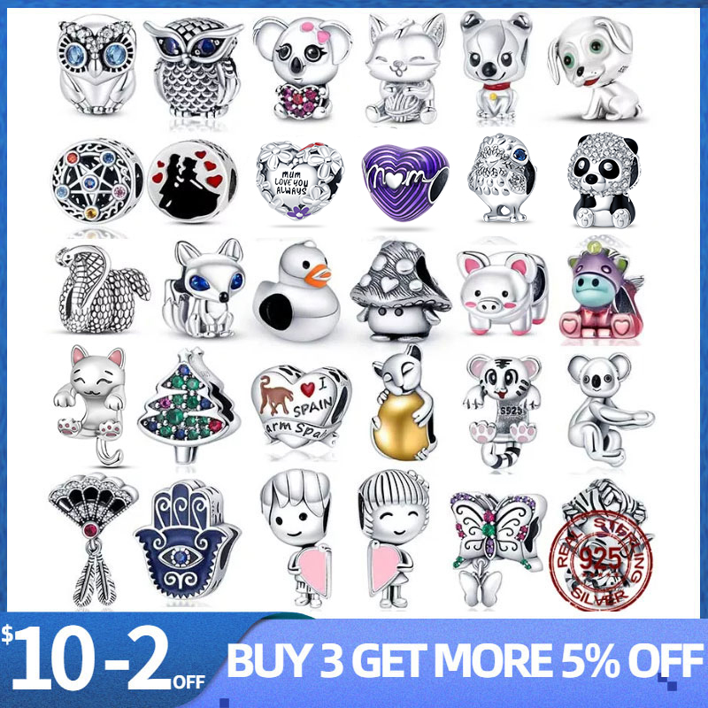 925 Perles de charme en argent pendent des animaux mignons charmes licorn chat fox perle fit pandora charmes bracelet bricolage joelry accessoire