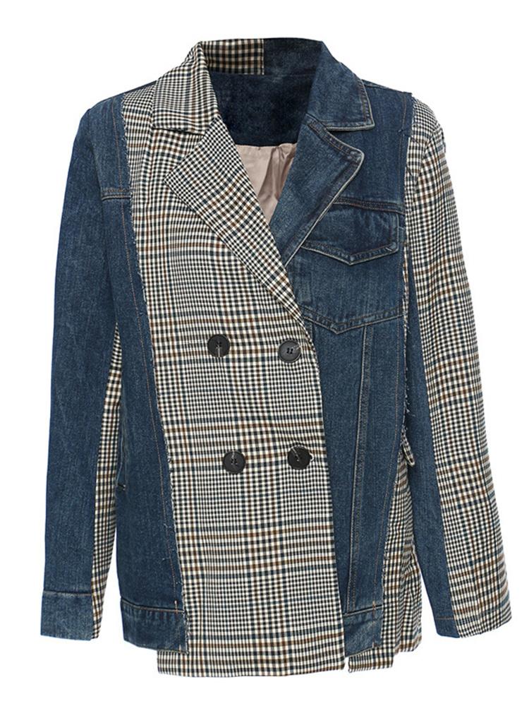 

Women' Suits & Blazers Women Denim Plaid Big Size Irregular Blazer Lapel Long Sleeve Loose Fit Jacket Fashion Spring Autumn 2022 TH2819Wome, Plaid denim