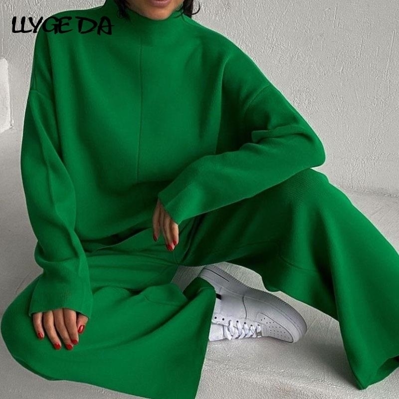 

Knitted Women' Trousers Suit Two Piece Set Green Winter Loose Long Sleeve Knitwear Flare Pants Sets Female Casual Suits W220331, 1pcs red top