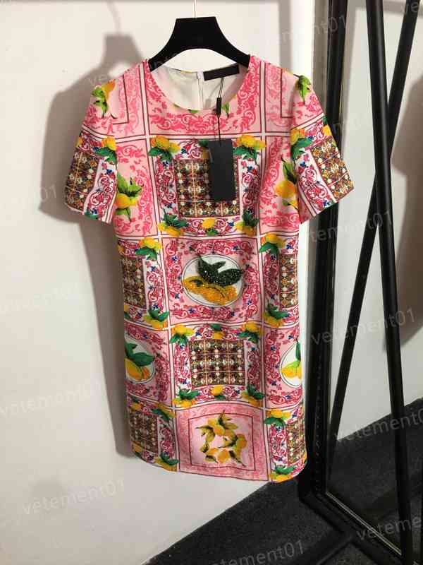 

Womens Designer Dresses Fashion Brand Pink Heavy Beaded Lemon Print Crew Neck Short Sleeve Dress High Quality Luxury Women Clothing