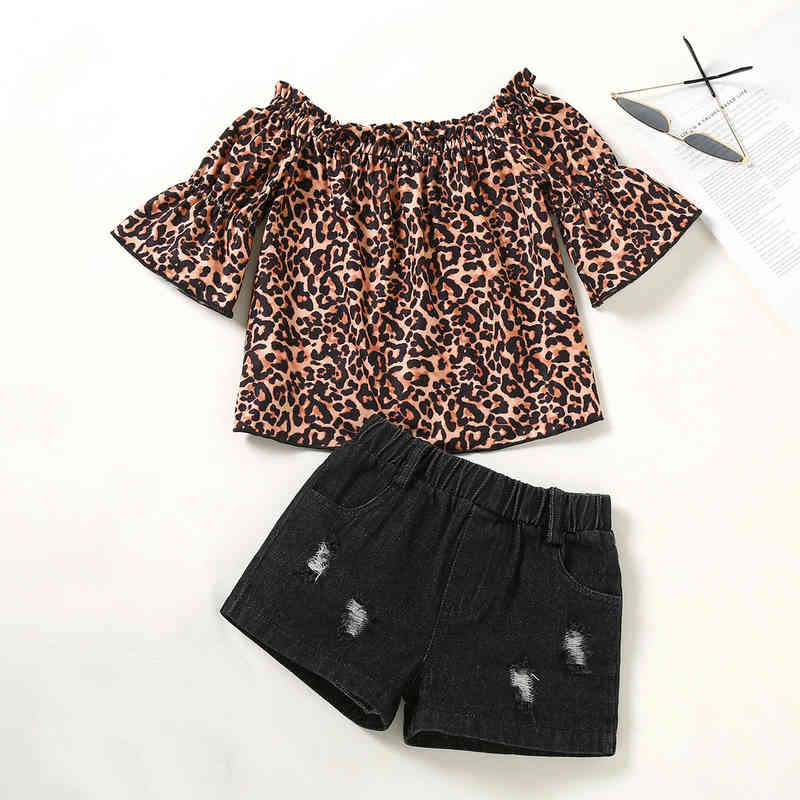 

Citgeett Summer Kids Baby Girls Tops Pants Suit Half Sleeve Off Shoulder Leopard Sweater Ripped Denim Clothing Set J220712, Red