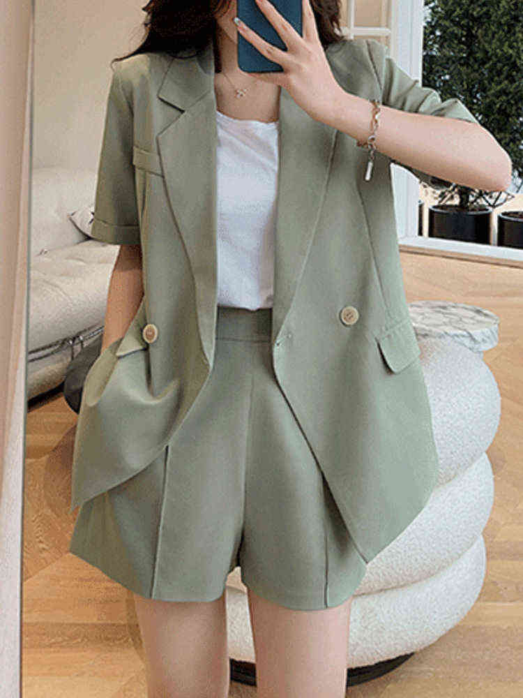 

Summer Blazer Suits For Women Short Sleeve Jacket beige Shorts Sets Office Lady 2 Two Piece Set Outfits chic Ensemble Femme J220813, Green two piece set