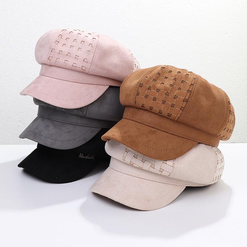 

Berets Korean Style Women's Spring Autumn Octagonal Hat Outdoor Leisure Art Sboy Hollow Design Suede HatBerets, Black