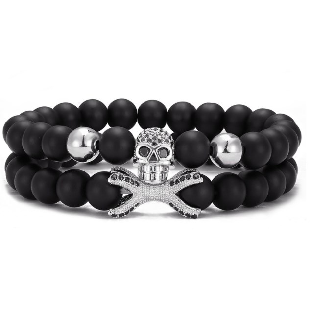 

2pcs/set volcanic stone black matte skull 8mm gold silver copper cz zircon cubic zirconia beads Bracelet agate Onyx Stone Bangles sdh53