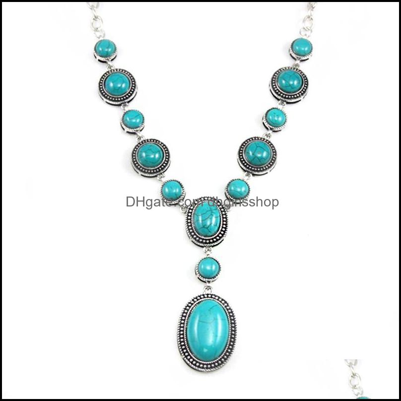 

Chains Necklaces Pendants Jewelry Blue Stone Necklace Sier Color Plated Big Long With Stones Vintage Women Dhgbo