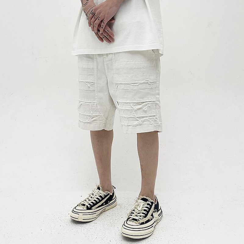 

Tassel White Pockets Jeans for Men Summer Elastic Waist Wide Leg Hip Hop Loose Denim Knee Length Shorts