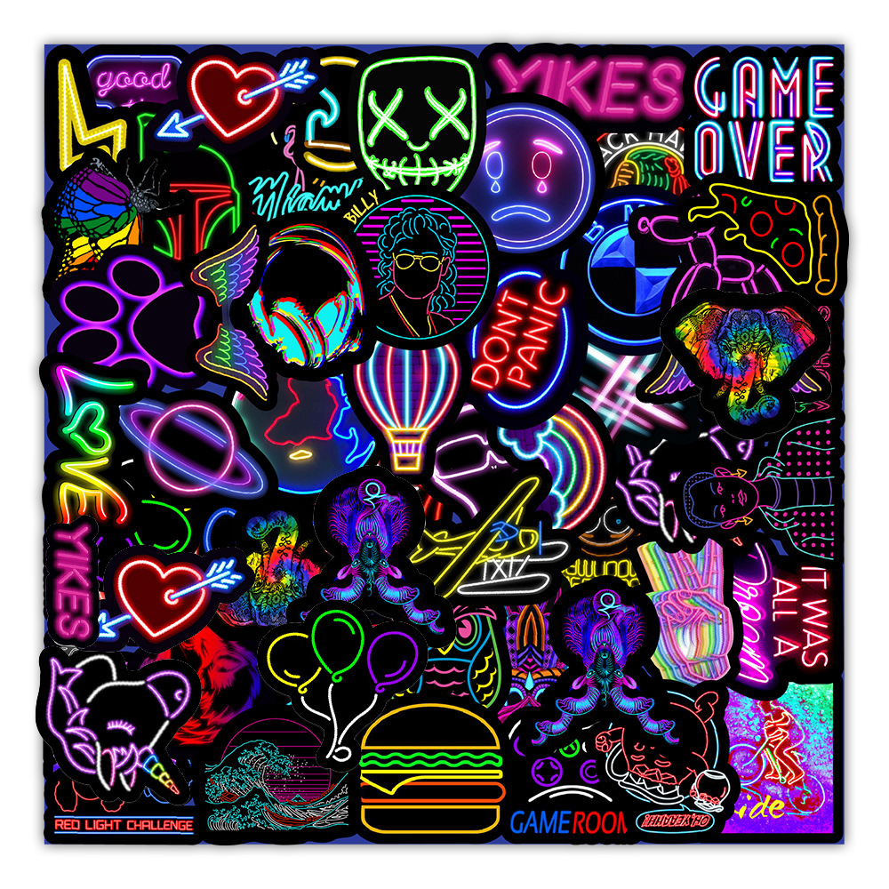 

50PCS Cartoon Neon Light Graffiti Stickers Car Guitar Motorcycle Luggage Suitcase Wall DIY Decal Sticker