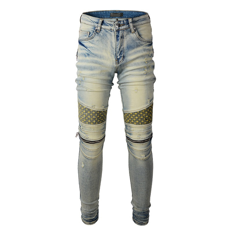 Mens Jeans Designer Jeans Rip Street Fashion Brand Retro Torn Fold Stitching Men Motorcycle Riding Slim Fit Washed Motocycle Denim Pants Black Star