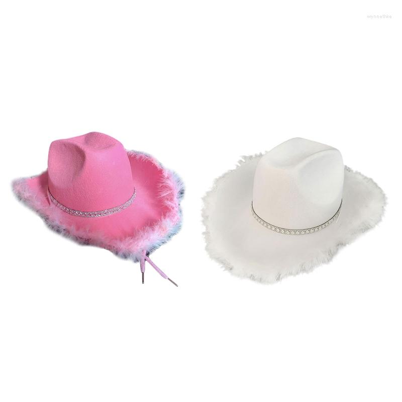 

Berets Sunproof Rhinestone Decor Fedora Hat Cowboy With Roll Brim Western Jazz HatBerets, White