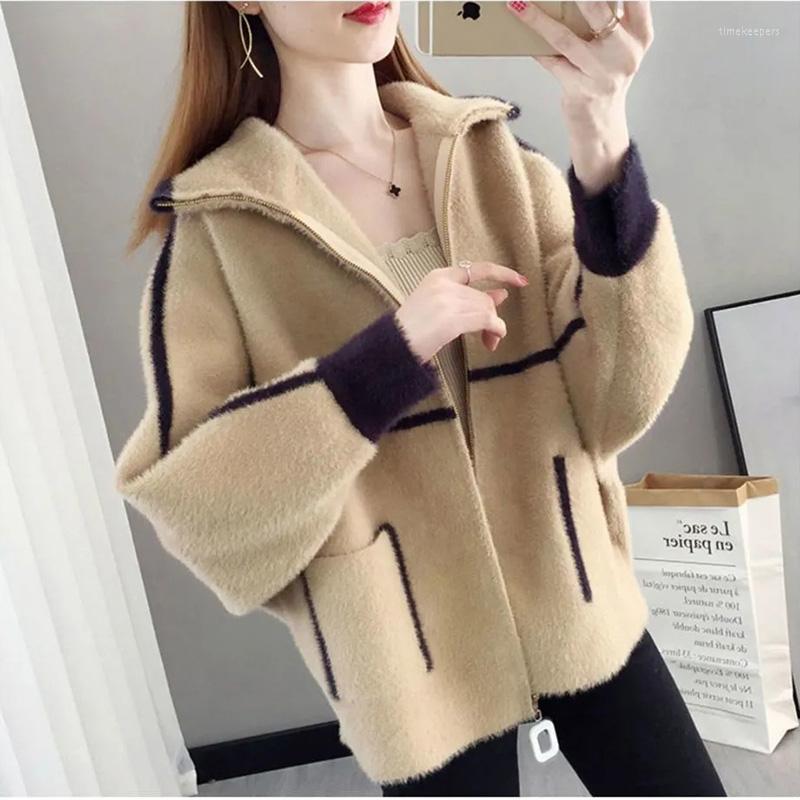 

Women's Knits & Tees Mink Fleece Sweater Cardigan Women Korean Zipper Knitted Jacket Overcoat 2022 Autumn Winter Short Coats Str Time22, Black