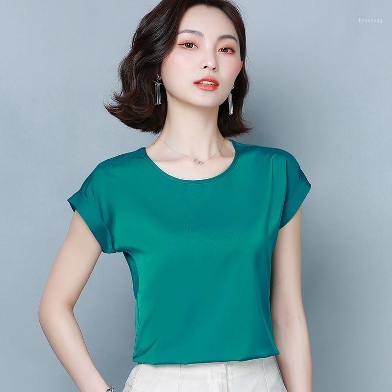 

Korean Heavy Silk Blouses Women Solid Satin Blouse Tops Summer Woman Short Sleeve Top Plus Size Blusas Mujer De Moda 2022 Women's & Shirts, Green