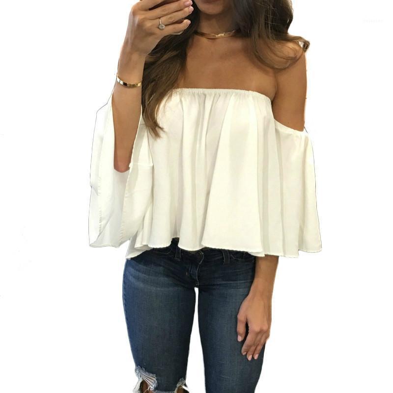 

Fashion Short Chiffon Blouse Off Shoulder Top Women Tops Summer Slash Neck Three Quarter Sleeve Solid Loose Blouses Women' & Shirts, Blue